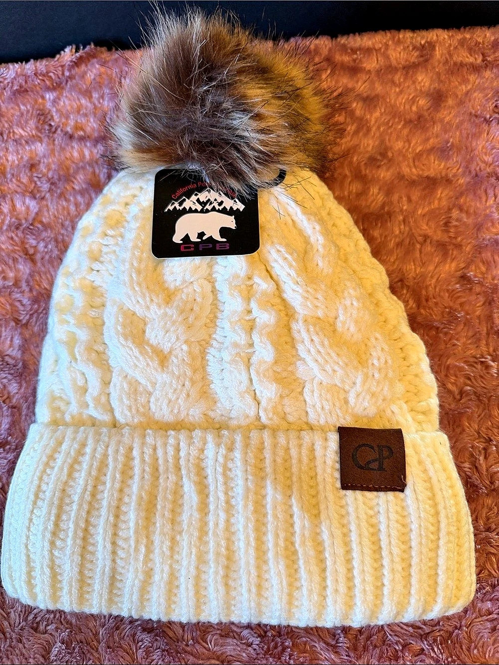 CP Cable Knit Pom Beanie in Ivory NWT